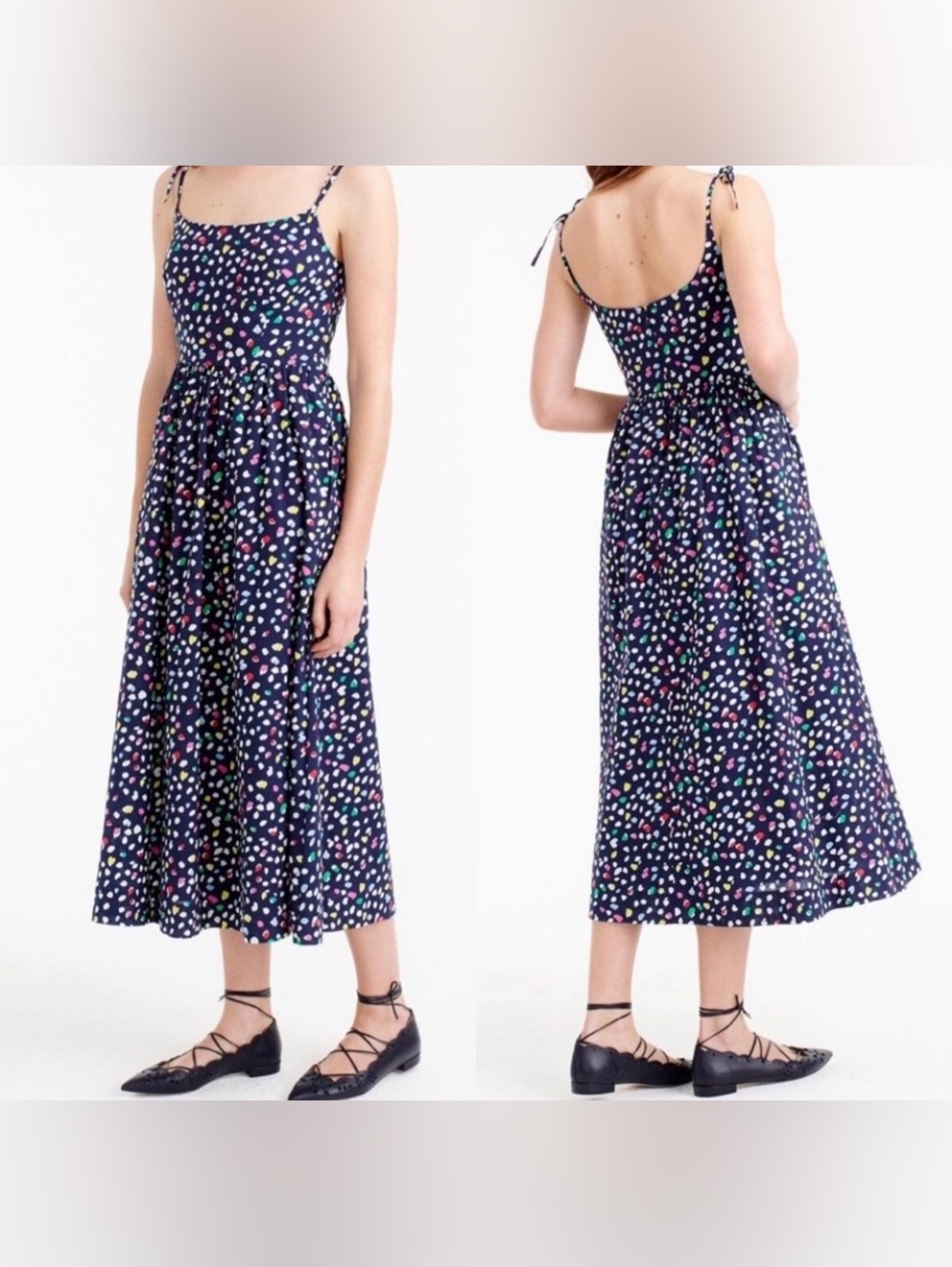 J. Crew Navy Midi Dress with Multicolor Dot Print
